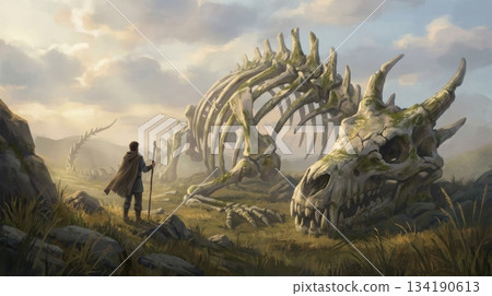 Traveler Discovering Dragon Remains in Meadow Traveler Discovering Dragon Remains in Meadow 134190613