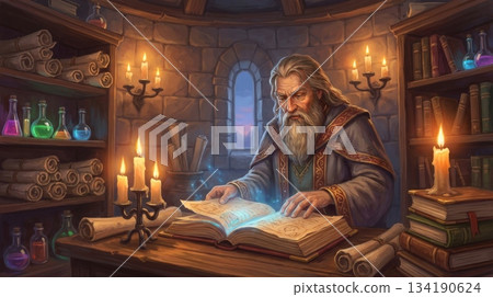 Wizard Reading Ancient Grimoire in Tower 134190624