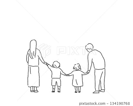 Back view of a family of four holding hands, line drawing Back view of a family of four holding hands, line drawing 134190768