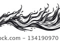 Hand-drawn illustration of stylized flames rising in dynamic sweeping curves, ink-sketch art style, bold linework with textured shading, and organic wave-like fire shapes. 134190970