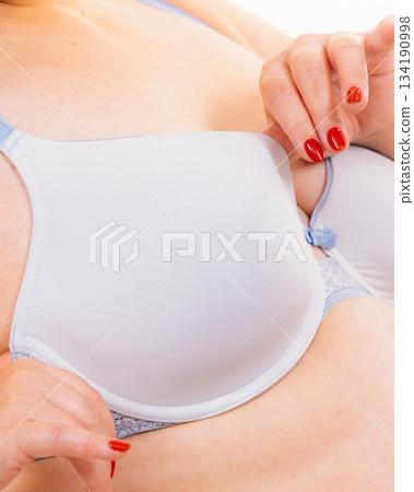 Woman big breast wearing bra 134190998
