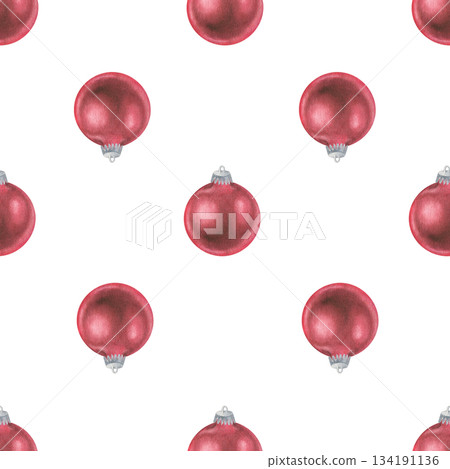 Seamless pattern of Christmas tree balls. Watercolor illustration of a red New Year's ornament. Hand drawn on white isolated background. Water color painting for print or gift wrapping paper 134191136