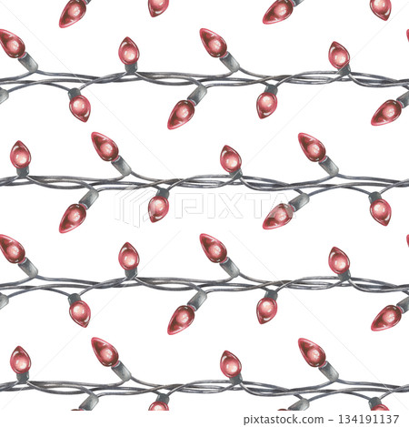 Seamless pattern of Christmas red garlands. Watercolor illustration of a festive lights. Hand drawn vintage sketch on white isolated background. New Year's striped texture. Water color painting art Seamless pattern of Christmas red garlands. Watercolor illustration of a festive lights. Hand drawn vintage sketch on white isolated background. New Year's striped texture. Water color painting art 134191137