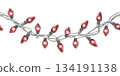 Seamless Border of red Christmas Lights. Watercolor illustration of a garland. Hand drawn holiday decoration on white isolated background. Water color painting art image. Classic New Year's ornament 134191138