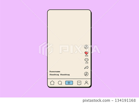 Vertical video app interface in retro vaporwave style. Mobile screen layout with avatar, likes, comments, share icons, and video player elements. Flat Style Vector Illustration. Vertical video app interface in retro vaporwave style. Mobile screen layout with avatar, likes, comments, share icons, and video player elements. Flat Style Vector Illustration. 134191168