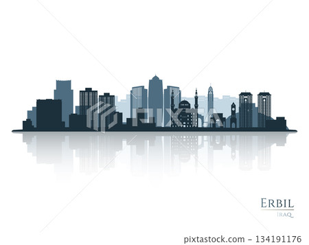 Erbil skyline silhouette with reflection. Erbil skyline silhouette with reflection. 134191176