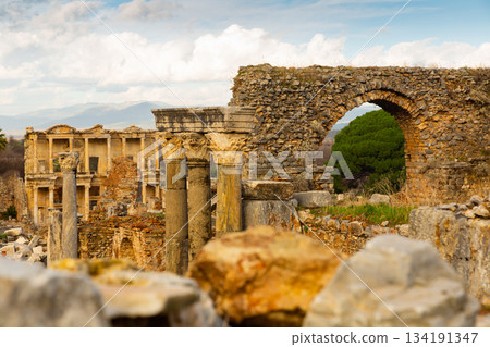 Preserved Scholastica Baths in ancient settlement of Ephesus, Turkey 134191347