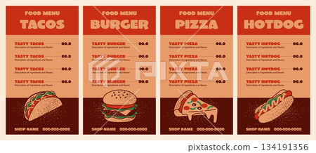 Fast food menu card design in vintage colors Fast food menu card design in vintage colors 134191356