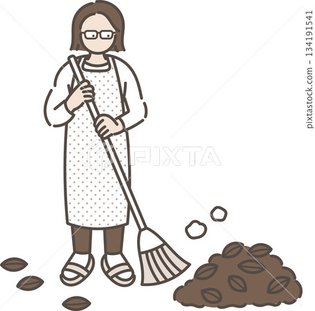 Illustration of a woman in her 40s cleaning up fallen leaves Illustration of a woman in her 40s cleaning up fallen leaves 134191541