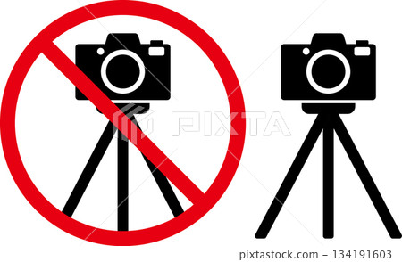 禁止使用相機三腳架的圖示用於設施和旅遊景點的警告標誌。 134191603