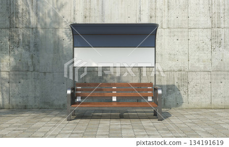 Bus Stop Bench with Shelter and Blank Advertising Panel Mock up. 3D Rendering. 134191619