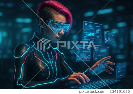 Punk Haired Woman Coding Cyber Security Data with VR Goggles 134191620