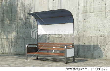 Bus Stop Bench with Shelter and Blank Advertising Panel Mock up. 3D Rendering. 134191622