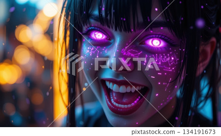 Extreme Close-Up of a Laughing Woman with Purple Circuitry Face 134191673