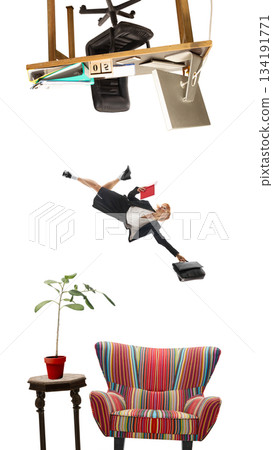 Graphic composition of businesswoman floating between upside down office desk and home armchair. Graphic composition of businesswoman floating between upside down office desk and home armchair. 134191771