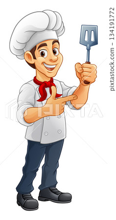 Chef Baker Cook Cartoon Man Spatula Pointing 134191772