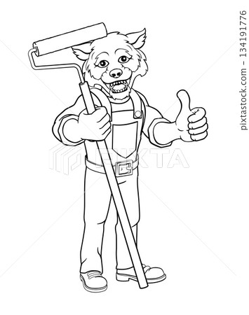 Wolf Painter Decorator Paint Roller Mascot Man 134191776