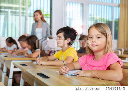 Smiling diligent preteen girl studying with classmates in school Smiling diligent preteen girl studying with classmates in school 134191845