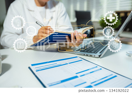 Medicine doctor hand working with modern digital tablet computer and smartphone interface as medical network concept. Medicine doctor hand working with modern digital tablet computer and smartphone interface as medical network concept. 134192022