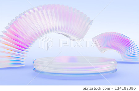 Hologram glass 3d stage podium with rainbow gradient geometric shapes. Light blue studio room background with floating pedestal for product display, showcase for holographic cosmetic. 3D illustration Hologram glass 3d stage podium with rainbow gradient geometric shapes. Light blue studio room background with floating pedestal for product display, showcase for holographic cosmetic. 3D illustration 134192390
