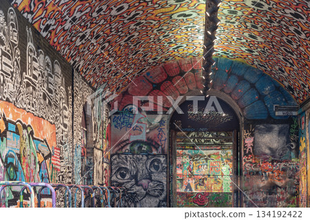 Leake Street Arches also known as the Banksy Tunnel, is a vibrant urban space known for its legal graffiti tunnel. 134192422