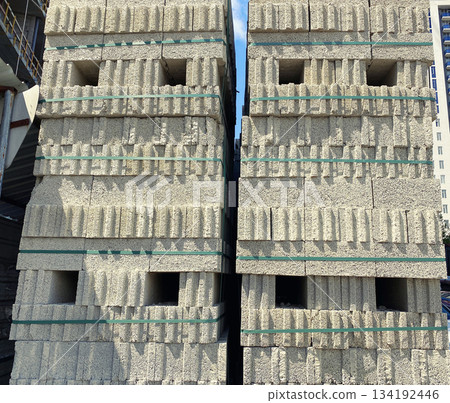 Concrete block on construction site, cement block pallet Concrete block on construction site, cement block pallet 134192446