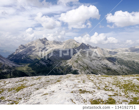 Peaks of Dolomites mountains Fanes panorama in summer season landscape view from Col Bechei 134192751