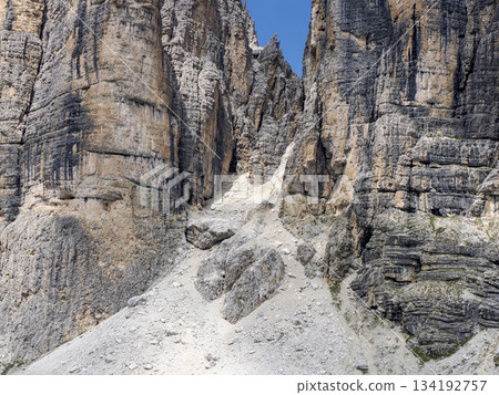 Peaks of Dolomites mountains Piz boe panorama in summer season Peaks of Dolomites mountains Piz boe panorama in summer season 134192757