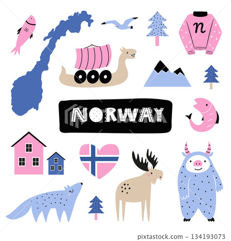 Norway Design with Icon Set. Cute Norwegian Symbols, Nature Elements and Map Vector for Stickers, Prints, Travel Designs. 134193073