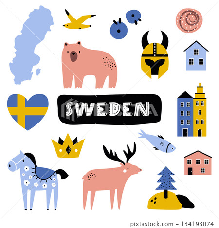 Sweden Design with Icon Set. Cute Swedish Symbols, Nature Elements and Map Vector for Stickers, Prints, Travel Designs. Sweden Design with Icon Set. Cute Swedish Symbols, Nature Elements and Map Vector for Stickers, Prints, Travel Designs. 134193074