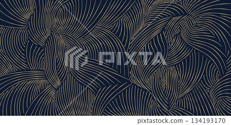 Elegant gold wave pattern, soft linear curves, art deco elements, Japanese, Chinese. Luxury abstract vector flowing background, texture, organic packaging. 134193170