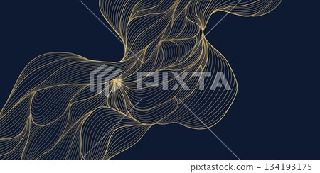 Elegant gold wave pattern, soft linear curves, art deco elements, Japanese, Chinese. Luxury abstract vector flowing background, texture, organic packaging. 134193175