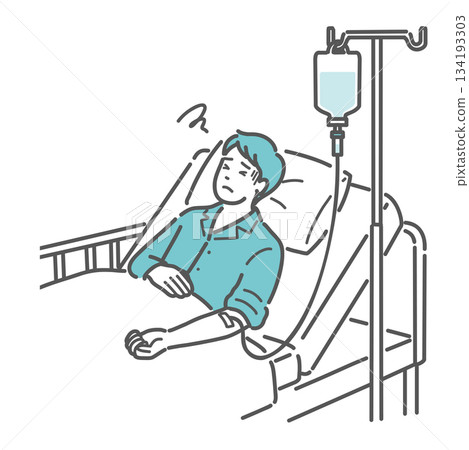 Illustration of a male patient who seems unwell during an IV drip (side effects, poor health) 134193303
