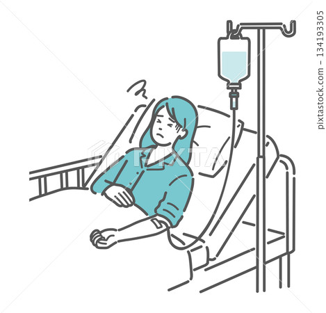 Illustration of a female patient who seems unwell during an IV drip (side effects, poor health) 134193305