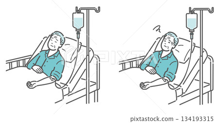 老年男性患者接受靜脈輸液的對比圖示(休息 vs. 副作用/突然變化) 老年男性患者接受靜脈輸液的對比圖示(休息 vs. 副作用/突然變化) 134193315