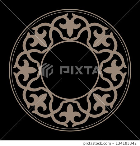 Gold round Kazakh national ornament, persian motiff. Oriental vector pattern with arabesques and floral elements. Abstract Patterns of Turkic peoples, Kazakh, Kyrgyz, Mongol. Gold Medallion, plate 134193342