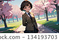 High school girl looking up at cherry blossoms 134193703