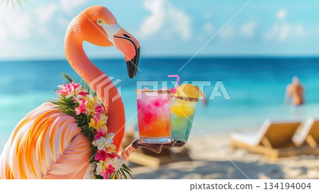 Colorful flamingo serving tropical drinks at a beachside resort during a sunny day 134194004