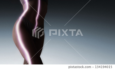 Elegant collage of female silhouette with flowing pink glowing energy path. Elegant collage of female silhouette with flowing pink glowing energy path. 134194015
