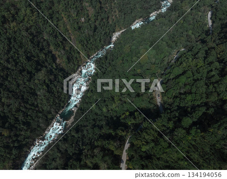 Aerial view of beautiful tropical forest mountain landscape in the Yalu Zangbu River valley area, Tibet,China 134194056