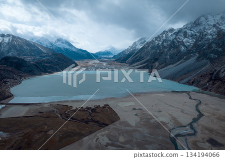 Aerial view of beautiful snow mountains and lake in Tibet,China 134194066