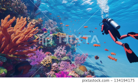 Exploring a vibrant coral reef while scuba diving with colorful fish swimming around 134194175