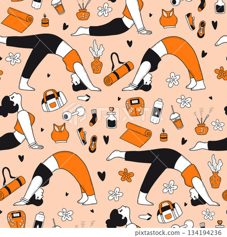 Girl Yoga Seamless Pattern. Sportswoman Doing Stretching, Pilates Poses and Workout Accessories on Orange Background. Hand-Drawn Doodle With Orange Color Accent. Vector Illustration. Not AI 134194236