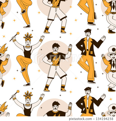 Carnival Men Dancers Seamless Pattern. Happy Party Male Character in Masquerade Costumes on White Background. Color Hand-Drawn Doodle. Vector Illustration. Not AI Carnival Men Dancers Seamless Pattern. Happy Party Male Character in Masquerade Costumes on White Background. Color Hand-Drawn Doodle. Vector Illustration. Not AI 134194238