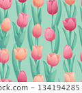 Seamless pattern with delicate tulips on a green background. The concept of a holiday, spring, women's day, Valentine's day. Vector illustration for postcards, posters, banners, printing 134194285