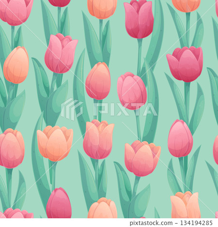 Seamless pattern with delicate tulips on a green background. The concept of a holiday, spring, women's day, Valentine's day. Vector illustration for postcards, posters, banners, printing Seamless pattern with delicate tulips on a green background. The concept of a holiday, spring, women's day, Valentine's day. Vector illustration for postcards, posters, banners, printing 134194285