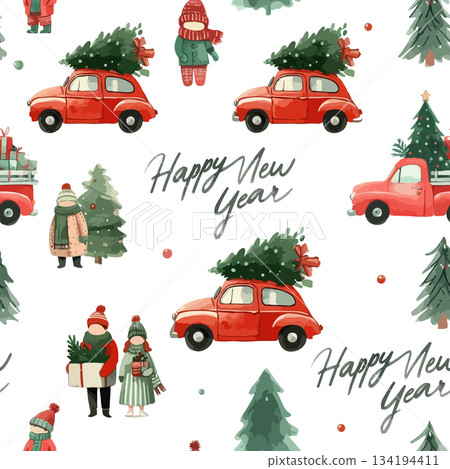 Whimsical New Year Pattern with Red Cars and Trees. Whimsical New Year Pattern with Red Cars and Trees. 134194411