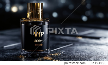 Elegant perfume bottle with a sleek design showcased on a dark, textured surface surrounded by shimmering particles 134194439