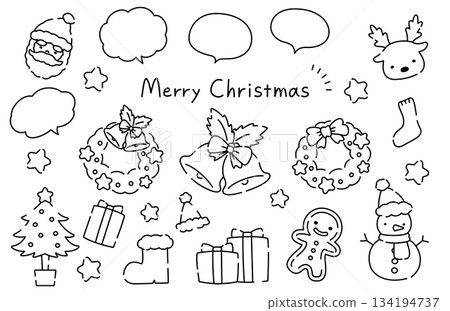 Cute hand-drawn line drawing Christmas illustration material set 134194737