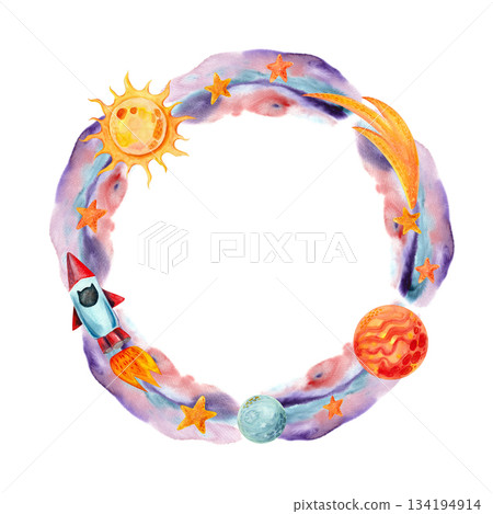 A space-themed round wreath frame with a watercolor sun, planets, and rocket. A bright children's illustration for designing cards, invitations, and textiles. 134194914